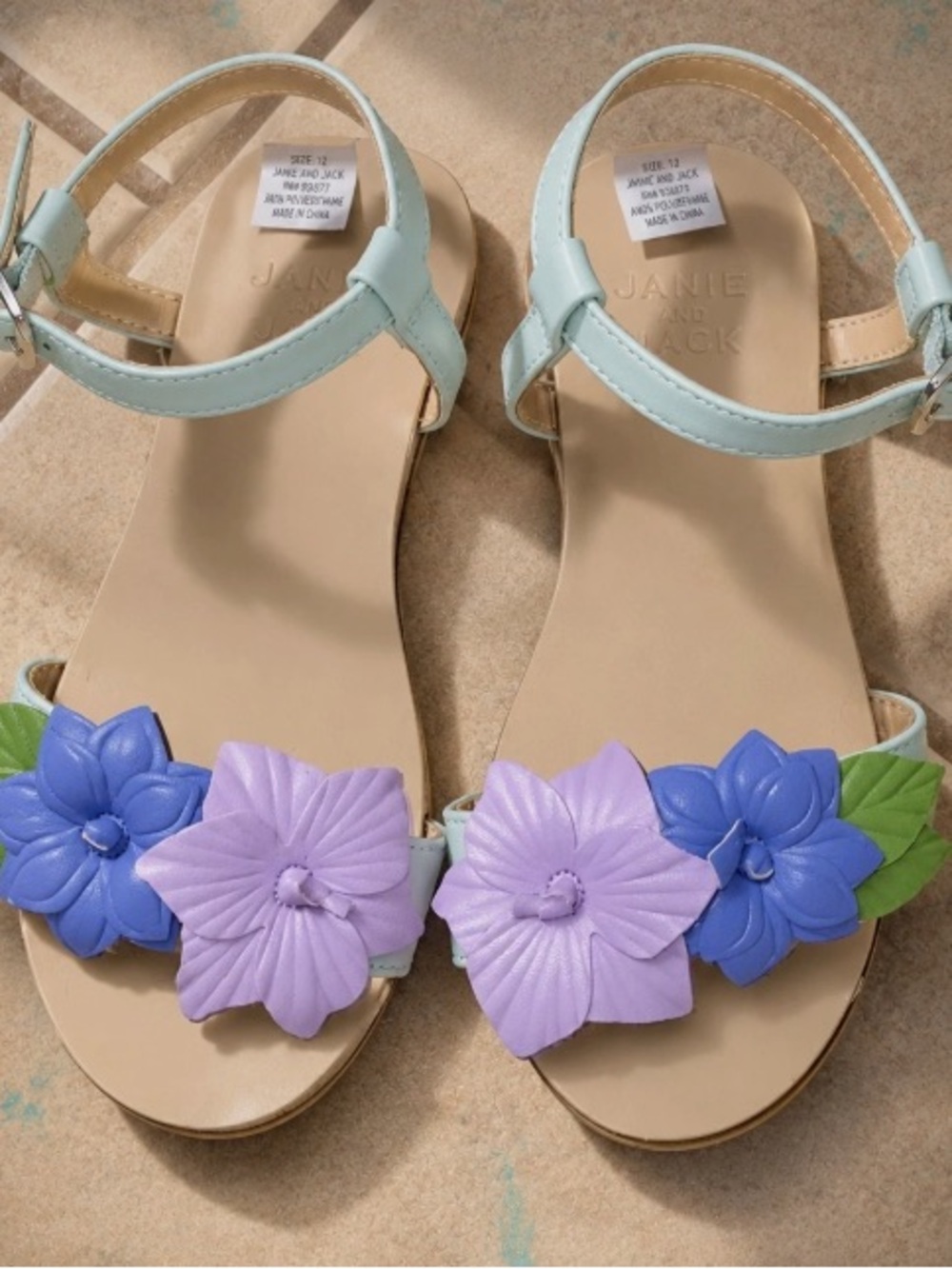 Janie and Jack Mint Strap Sandals with Lavender & Blue Floral Appliqués